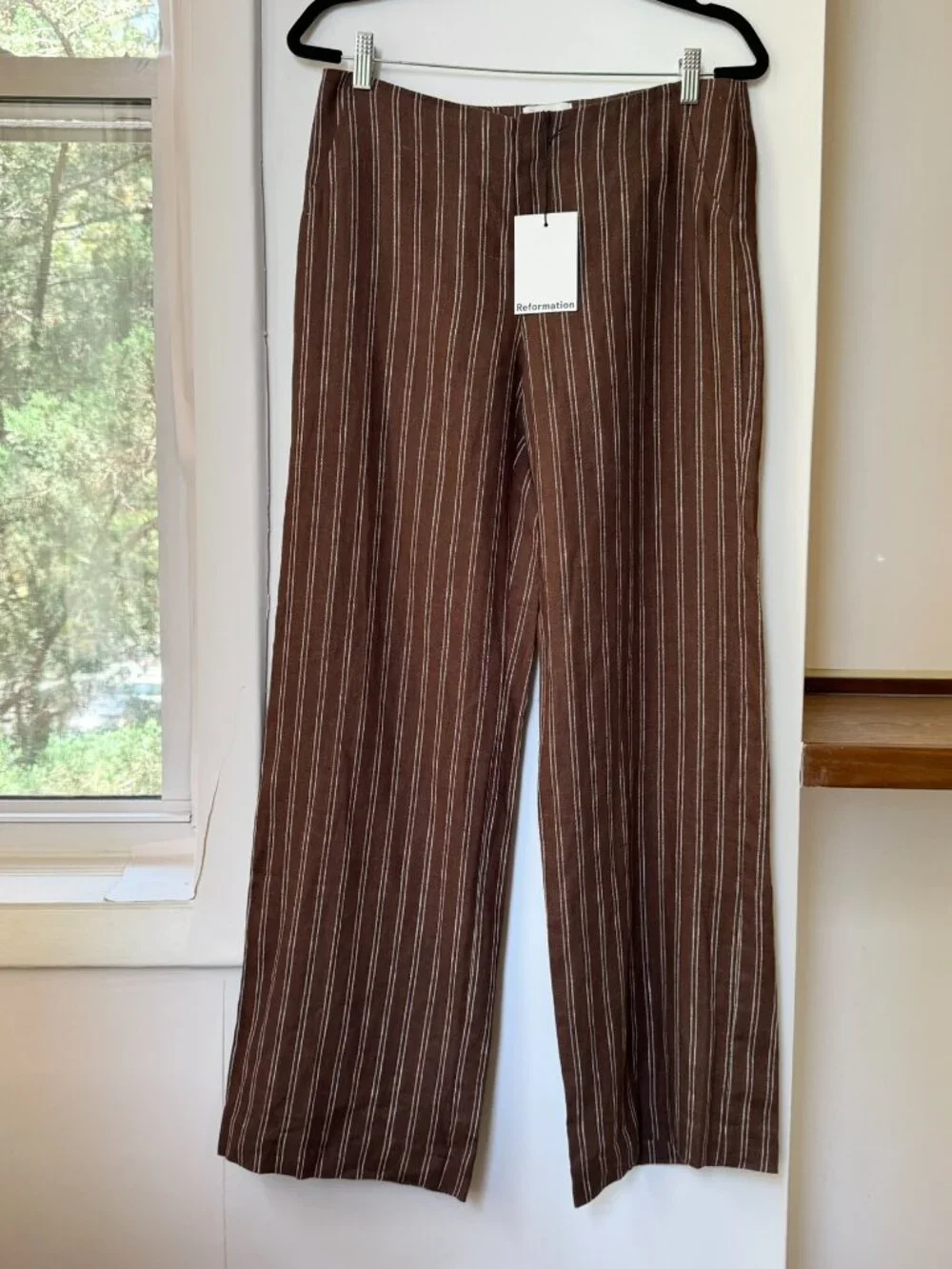 NWT Reformation Vida Linen Low-Rise Pants Brown Boardwalk Stripe 6